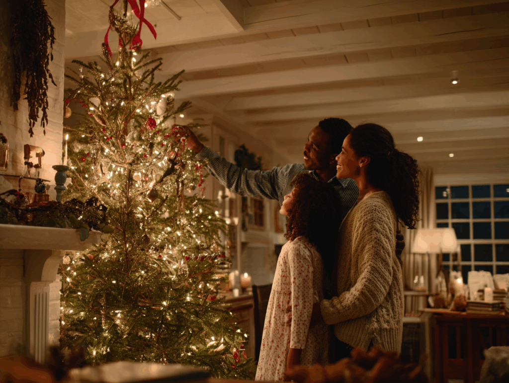 Family smiling as they hang ornaments on a glowing Christmas tree in a warmly decorated living room.